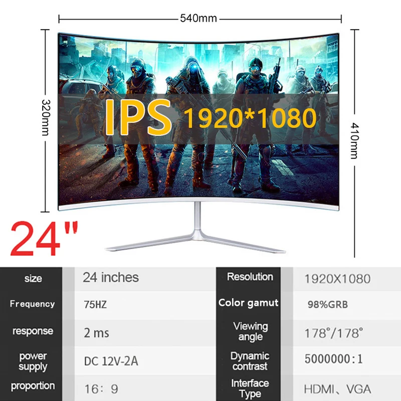24 inch Curved Monitors PC Gamer LCD Monitor 1920*1080p HD Gaming Monitor for Laptops HDMI Compatible Monitors 75hz Displays