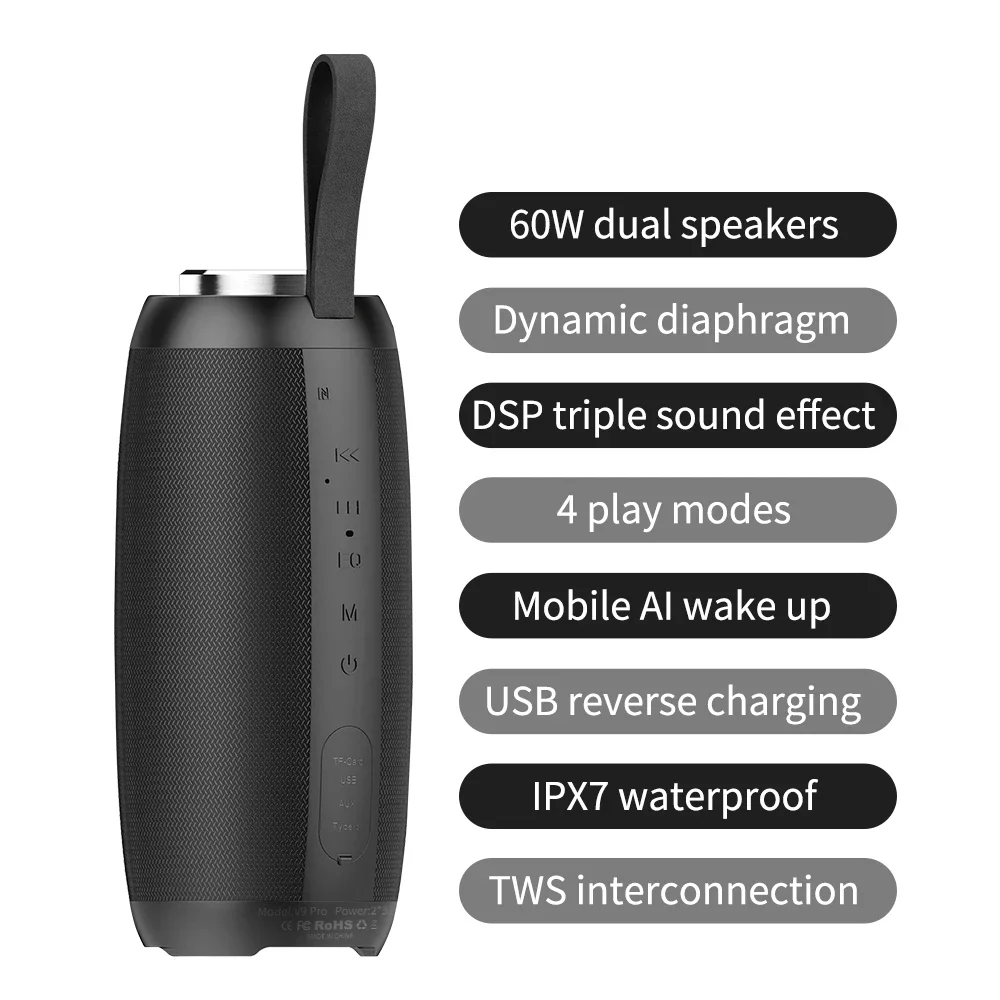60W Portable Super Subwoofer Portable Speaker Home Outdoor Fabric Waterproof Column Bluetooth Speaker Riding Sound Box FM Radio