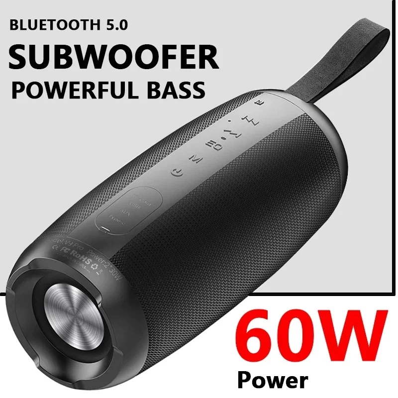 60W Portable Super Subwoofer Portable Speaker Home Outdoor Fabric Waterproof Column Bluetooth Speaker Riding Sound Box FM Radio