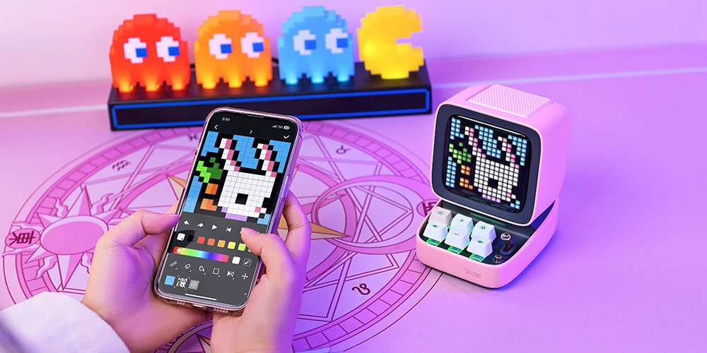Ditoo Pink+Times Gate Pink - Cute Pixel Display Art Bluetooth Speaker and Gaming Digital Clock Desk Setup with APP Home Decor