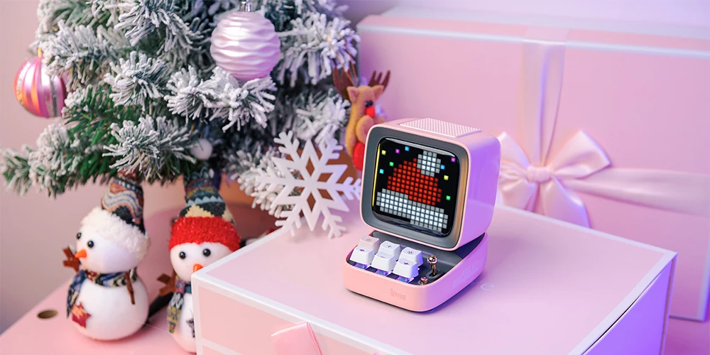 Ditoo Pink+Times Gate Pink - Cute Pixel Display Art Bluetooth Speaker and Gaming Digital Clock Desk Setup with APP Home Decor